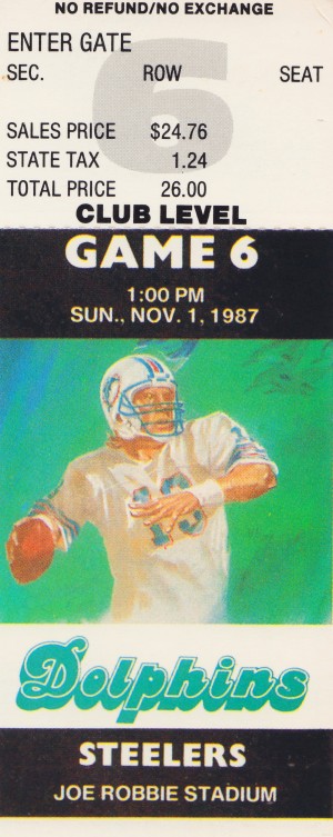 1987 Miami Dolphins vs. Pittsburgh Steelers Joe Robbie Stadium Ticket Stub Poster